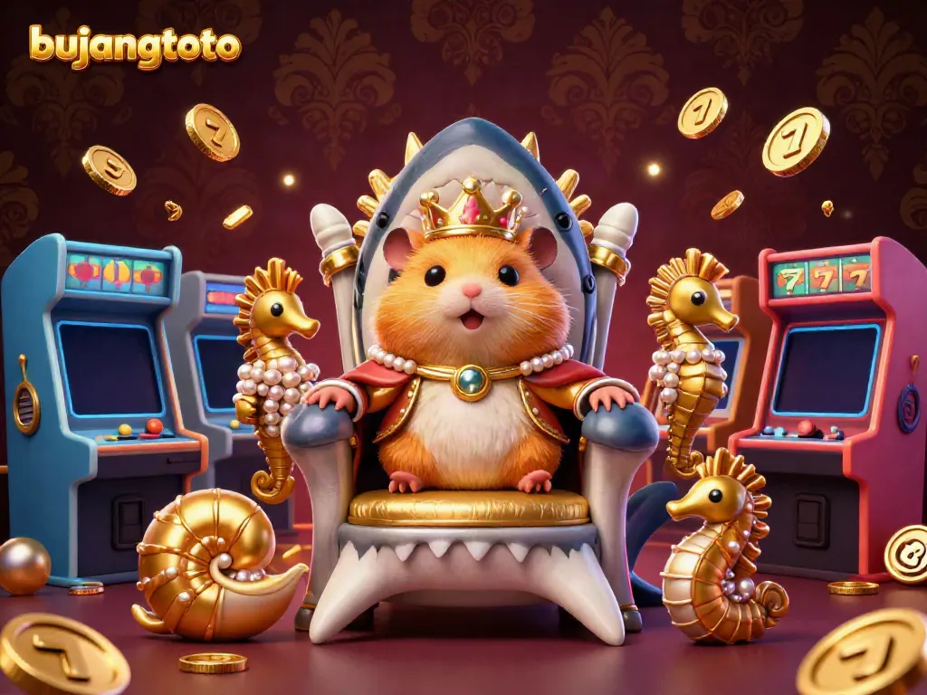 Bujangtoto's golden hamster king throne surrounded by arcade game elements, capturing gambling excitement.