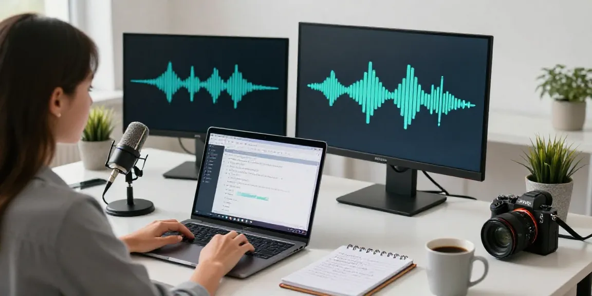 Online AI audio transcription scene with a woman working in a modern workspace, showcasing advanced technology.