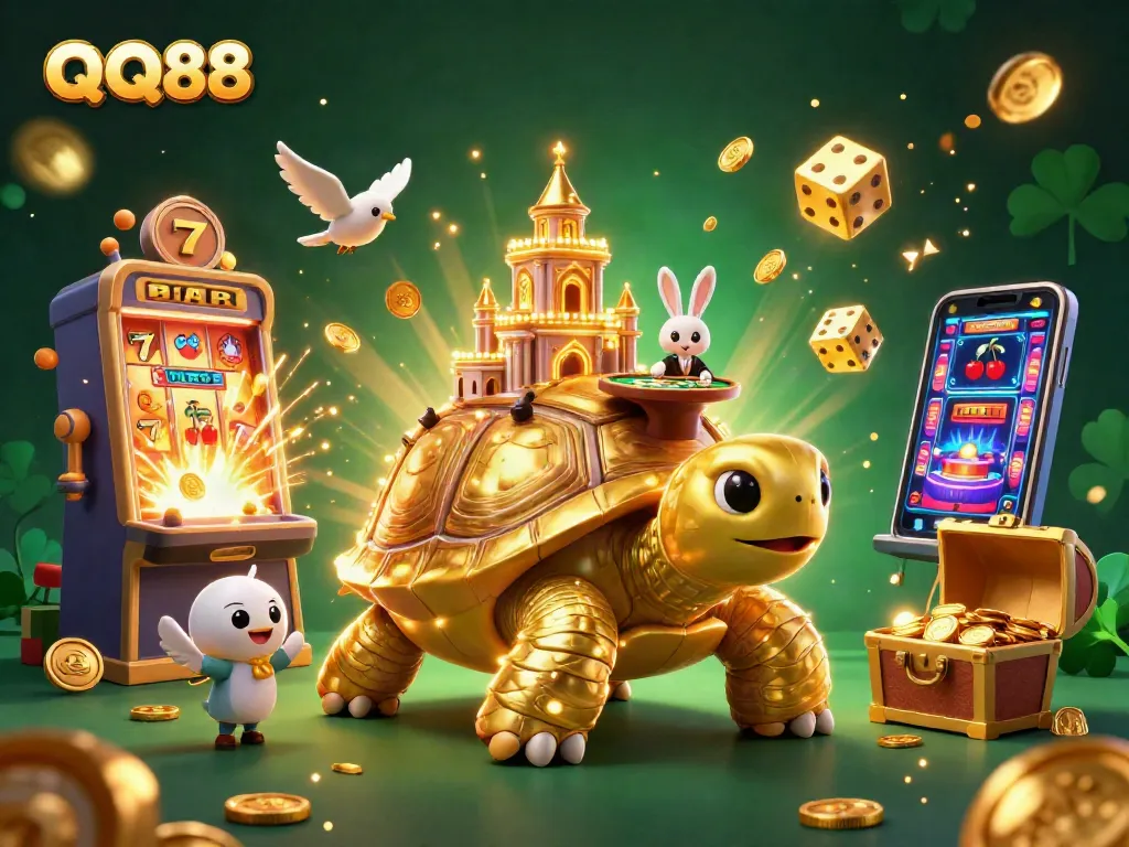 Experience exciting QQ88 casino thrills with vibrant slots, golden tortoise, and energetic gameplay.