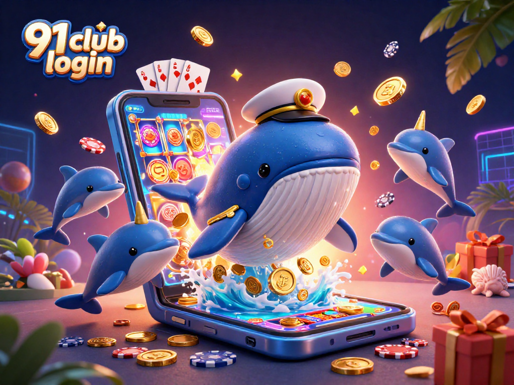 Experience thrilling gameplay at 91 club login with a vibrant 3D casino scene featuring a friendly whale and more.