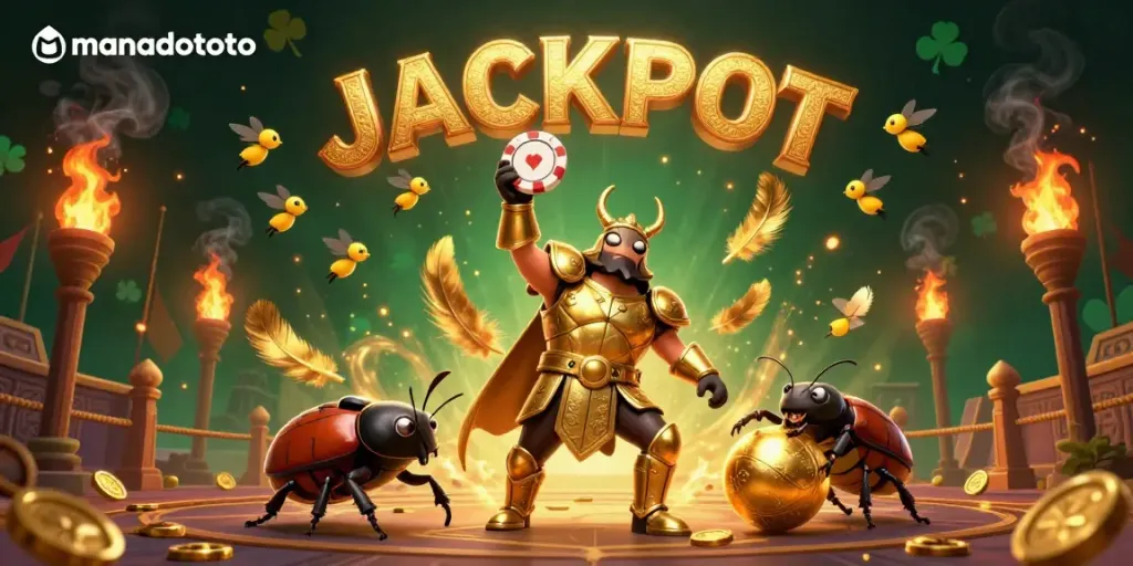 Experience the thrill of manadototo with a victorious beetle lifting a poker chip amidst glowing coins and vibrant fireflies.