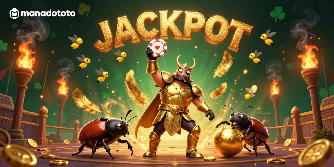 Experience the thrill of manadototo with a victorious beetle lifting a poker chip amidst glowing coins and vibrant fireflies.