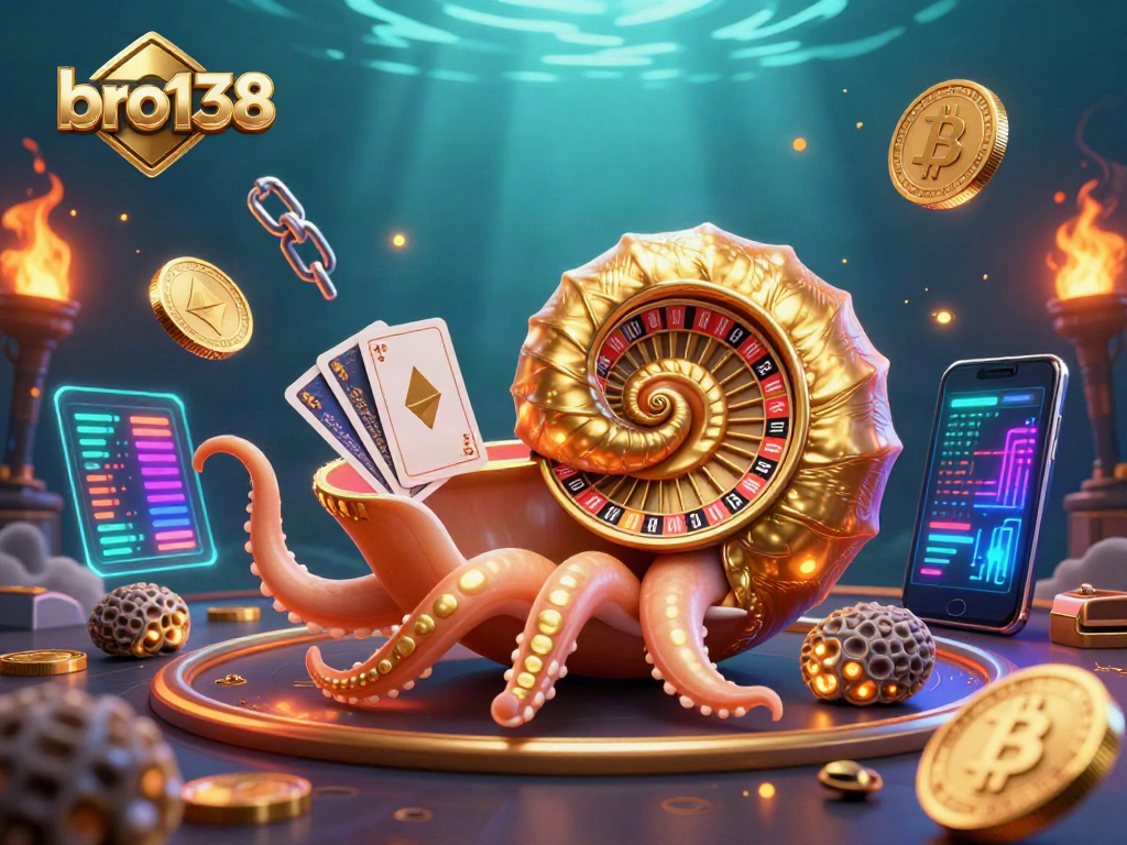 Experience thrilling gameplay with bro138 in a vibrant 3D casino scene featuring a roulette nautilus and cryptocurrency elements.