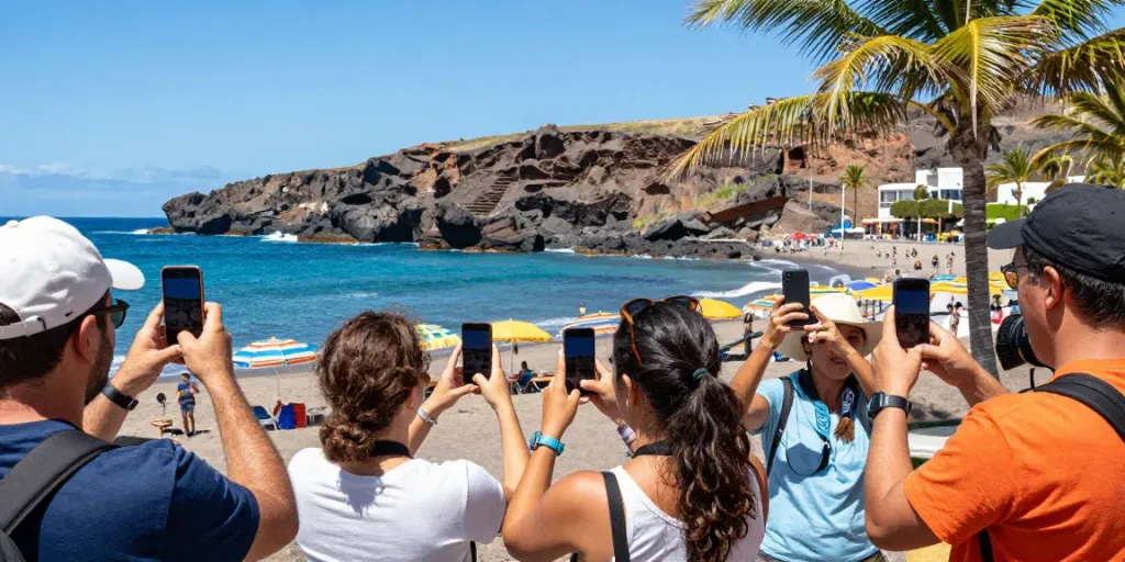 Tourists sharing Canarian news at a vibrant beach scene in the Canary Islands