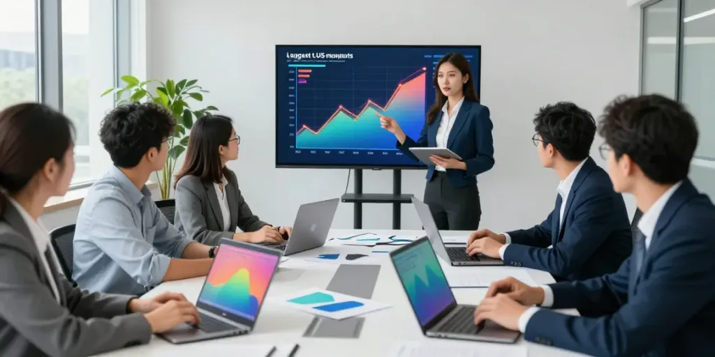 Team analyzing performance data of the largest US banks in a modern office.
