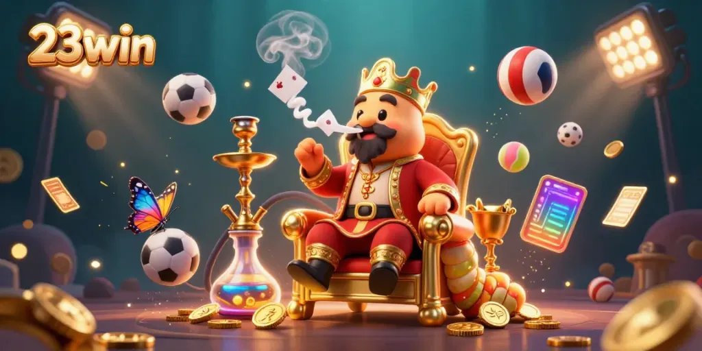 Engage with 23win's exciting gambling atmosphere featuring a vibrant 3D scene of games and characters.