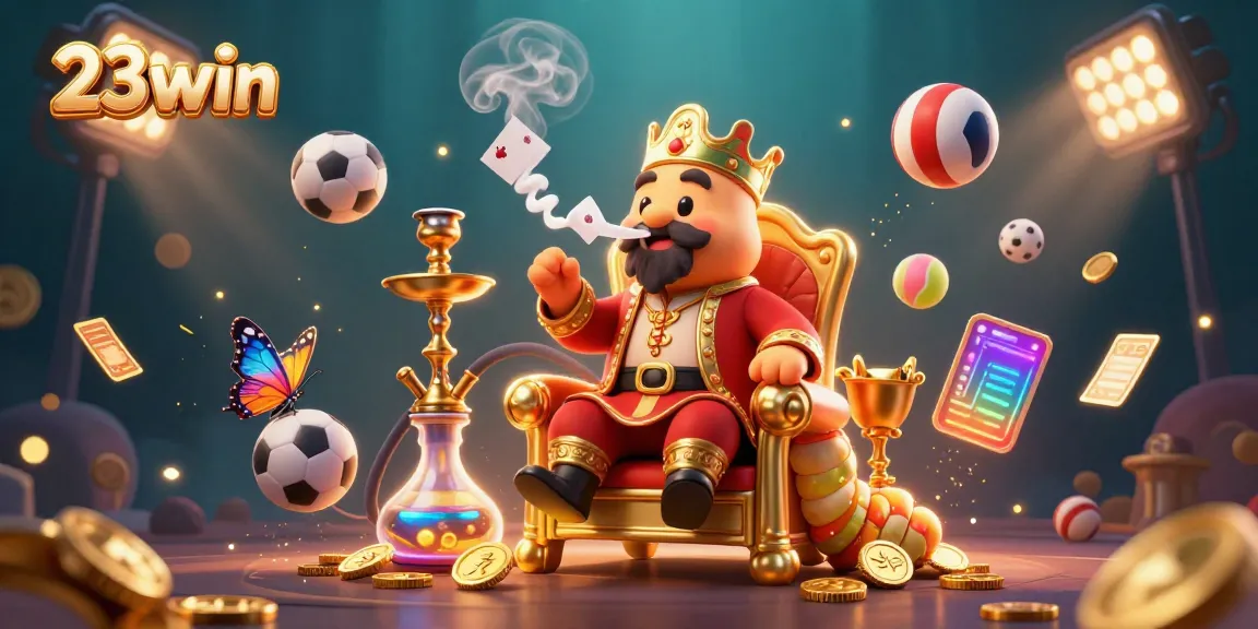 Engage with 23win's exciting gambling atmosphere featuring a vibrant 3D scene of games and characters.