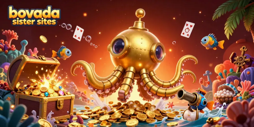 Explore Bovada sister sites with a vibrant underwater theme featuring a golden kraken submarine.