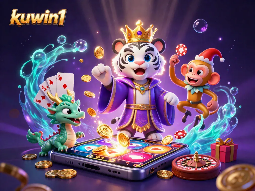 Kuwin1 showcases a stunning 3D illustration of a royal tiger, monkey, and dragon amidst vibrant casino elements.