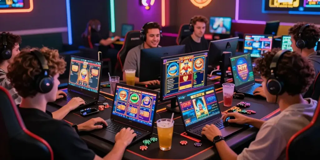 Engaged players enjoying various slot games on proplay88 platform in vibrant gaming setting.