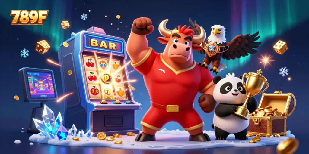 Experience the excitement of 789F with a bull mascot and jackpot thrill in a vibrant casino scene.