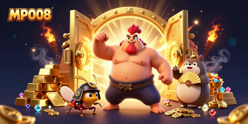 MPO08 offers a vibrant illustration with a sumo rooster, samurai cricket, and tanuki announcer, capturing the excitement of online gaming.