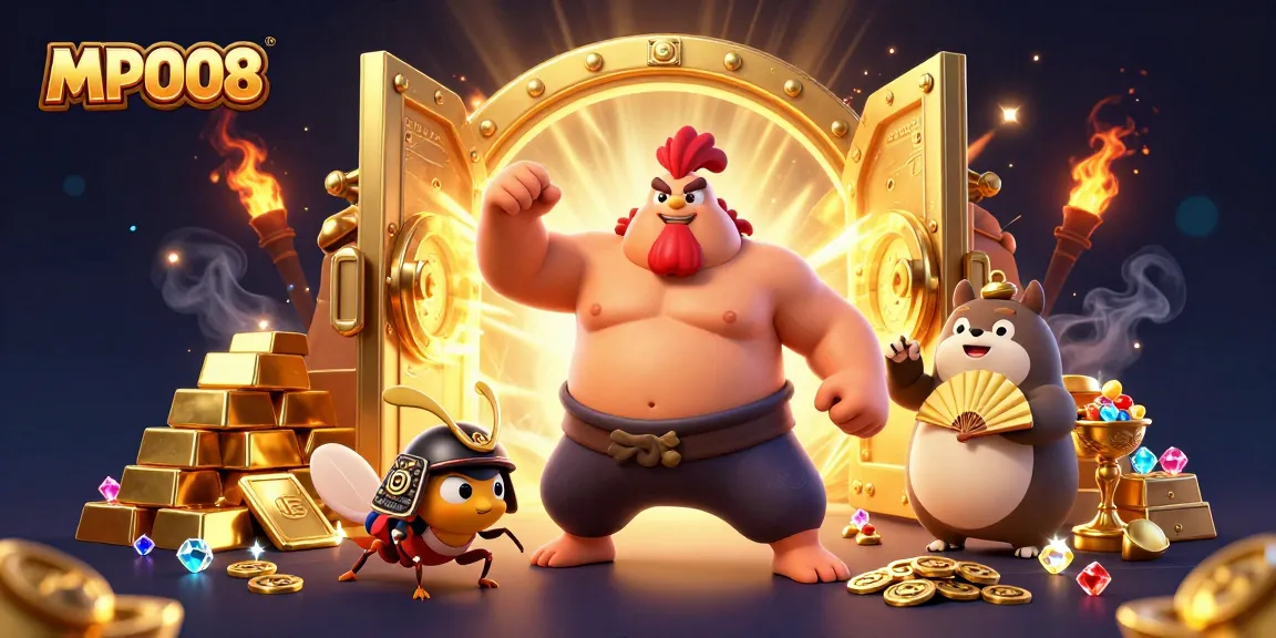 MPO08 offers a vibrant illustration with a sumo rooster, samurai cricket, and tanuki announcer, capturing the excitement of online gaming.