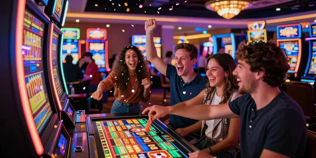 Winning moment at a slot machine showcase in a vibrant casino