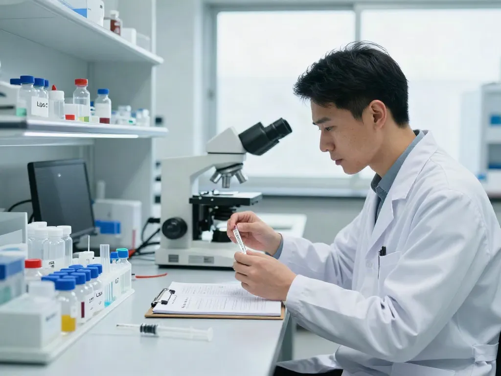 Lipo C peptide for sale showcased in a professional laboratory setting with a scientist analyzing peptide solutions.