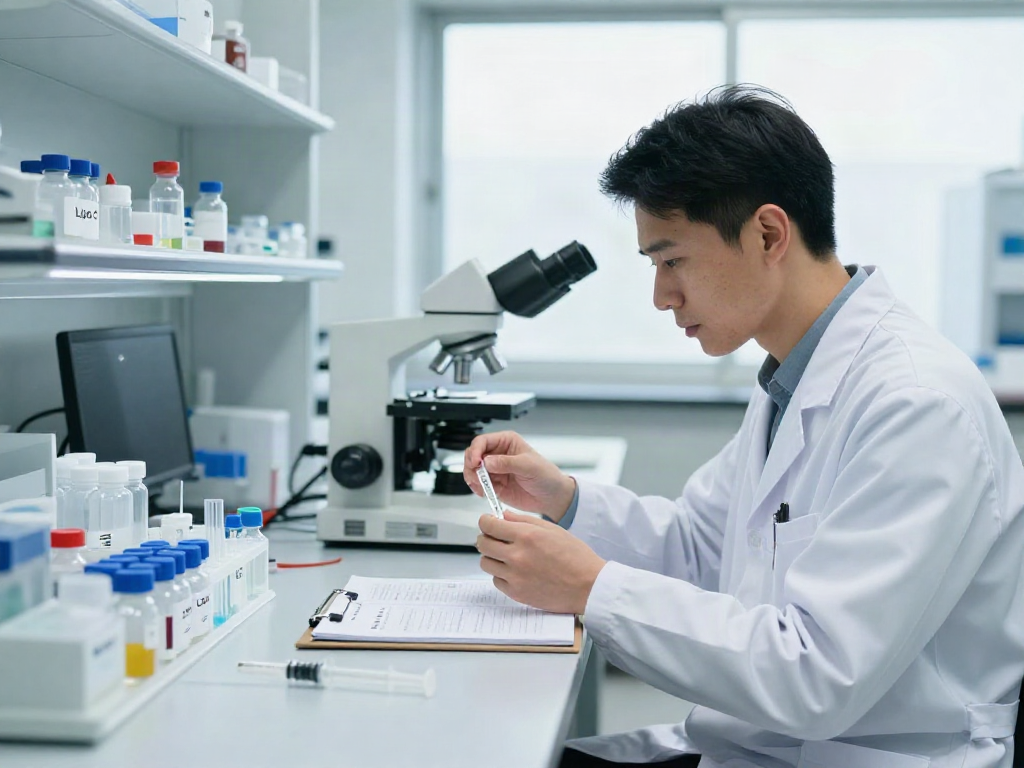 Lipo C peptide for sale showcased in a professional laboratory setting with a scientist analyzing peptide solutions.