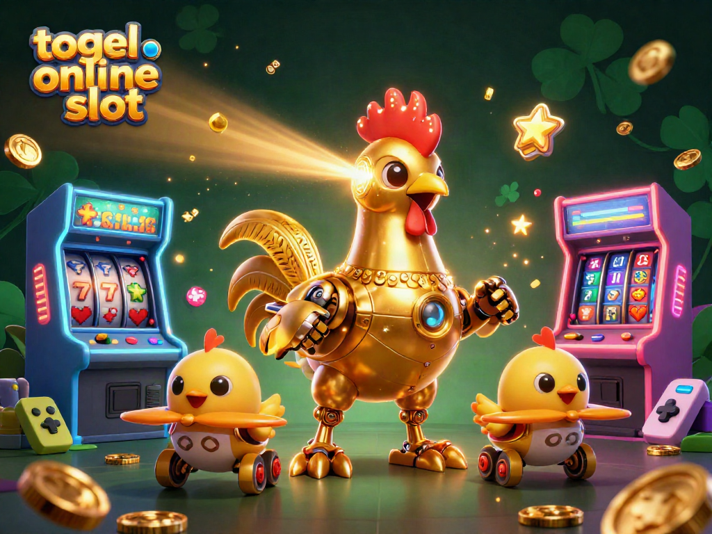 Permainan togel online slot dengan robot ayam emas futuristik memimpin tim drone di tengah mesin arcade.