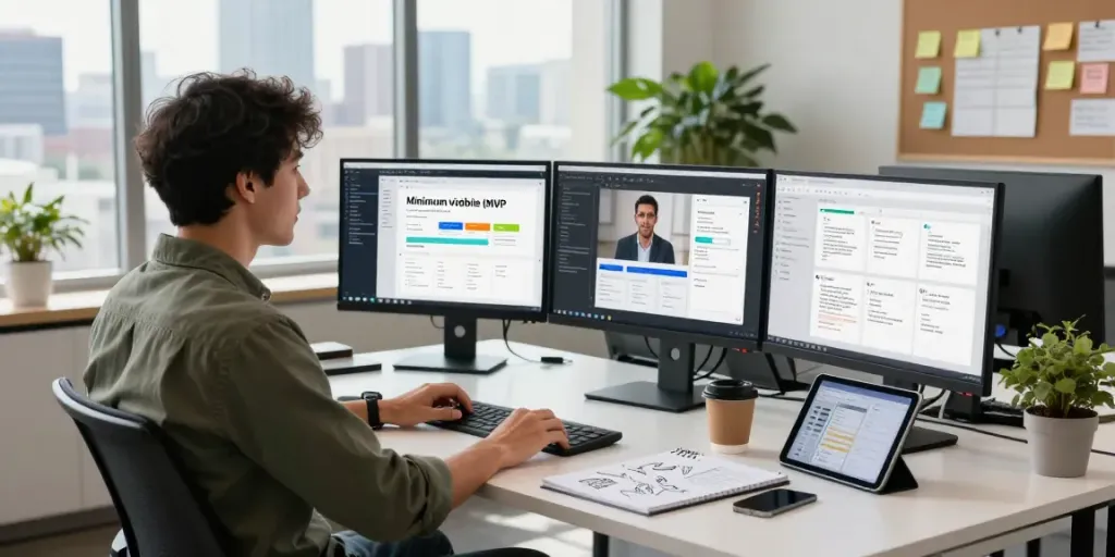 Startup founder discussing mvp development service in a modern workspace with tech gadgets and city view.