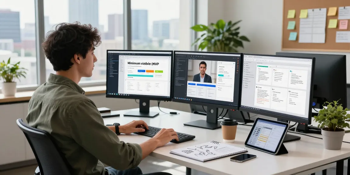 Startup founder discussing mvp development service in a modern workspace with tech gadgets and city view.