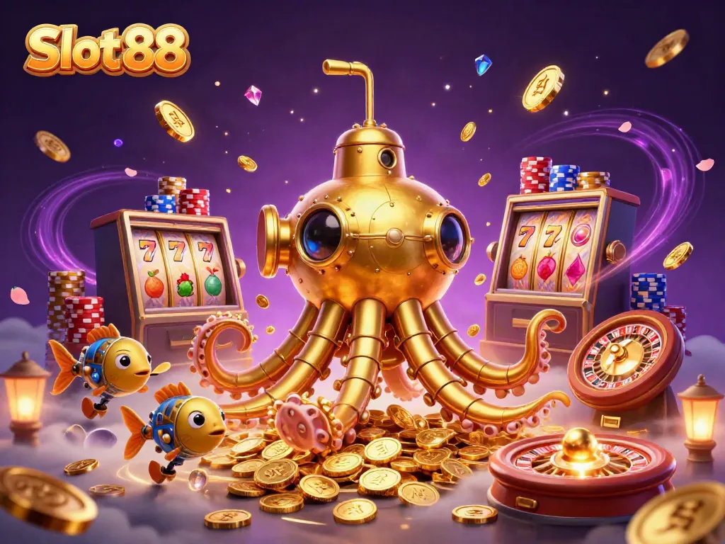 Experience the excitement of Slot 88 with dynamic reels and a golden kraken submarine amidst cascading coins.
