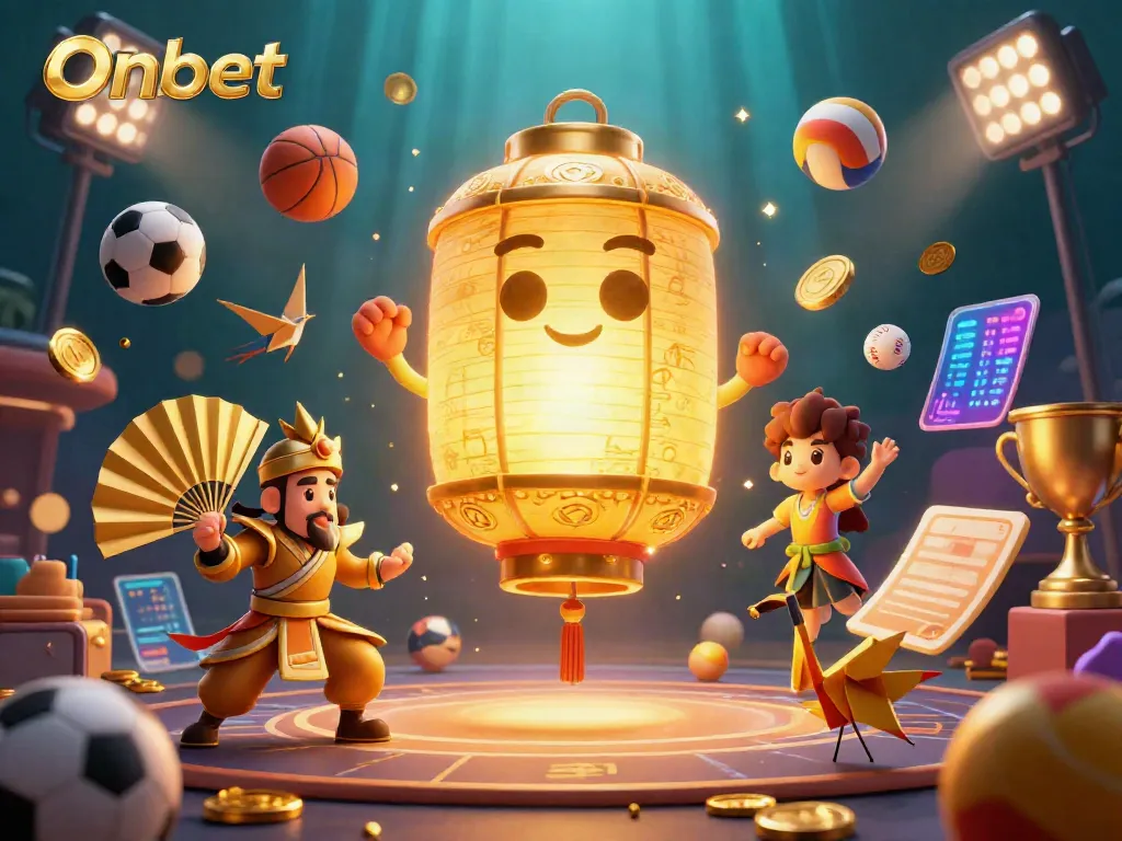 Engage with Onbet's vibrant 3D casino scene filled with sports elements and lucky symbols.