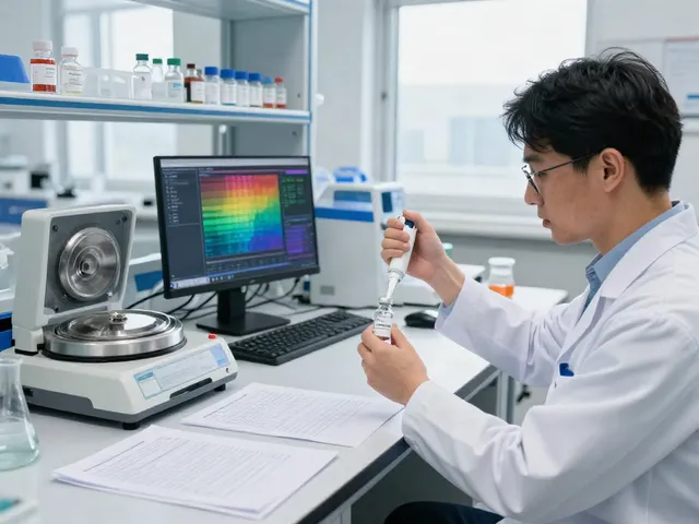 Scientist measuring Tesamorelin for sale in a modern lab filled with research equipment.