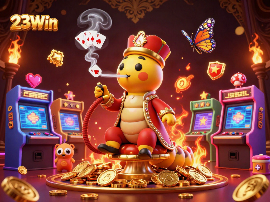 Engage with 23Win gaming excitement in this vibrant 3D illustration of a whimsical caterpillar casino scene.