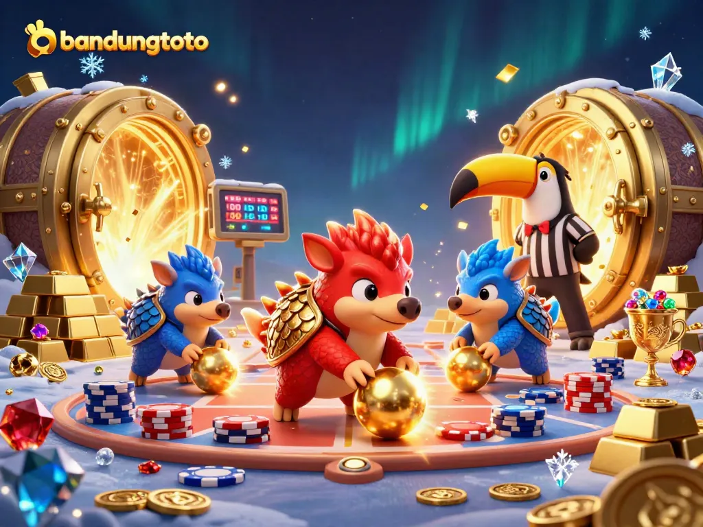 Engage in thrilling gameplay with bandungtoto as pangolins battle through poker chips in a vibrant casino scene.