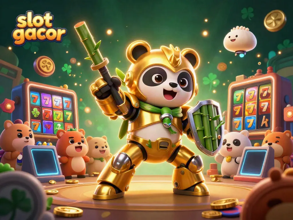 Permainan slot gacor dengan panda emas dan robot, penuh energi dan elemen kasino menarik.