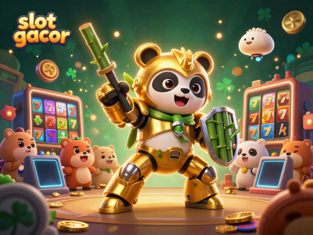 Permainan slot gacor dengan panda emas dan robot, penuh energi dan elemen kasino menarik.