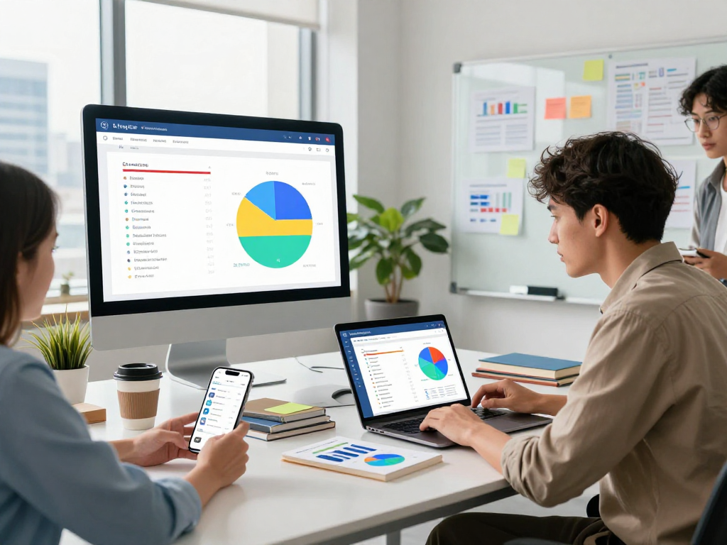 Buy app installs strategy meeting with devices, analytics, and team collaboration in a bright office