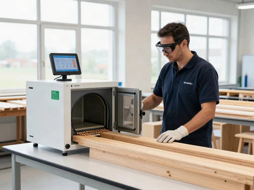 Operator using SHASHEL® microwave technology to eliminate woodworms in eco-friendly wood treatment.