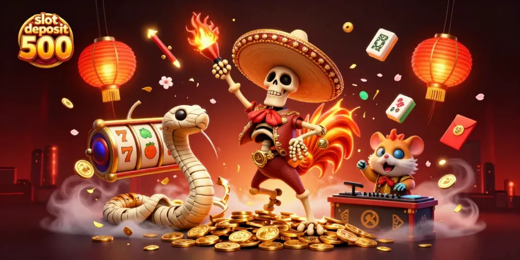 Engage with slot deposit 500 offers in a vibrant 3D casino scene filled with characters and elements.