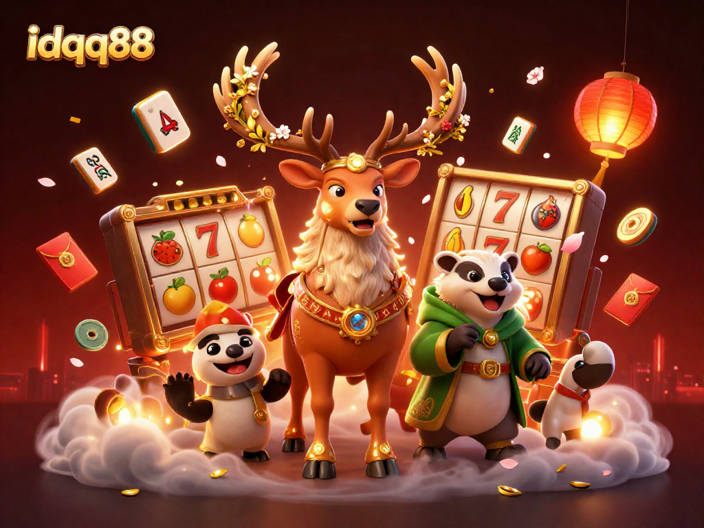 Win big at idqq88 with colorful slot reels and mystical elements creating an engaging casino atmosphere.