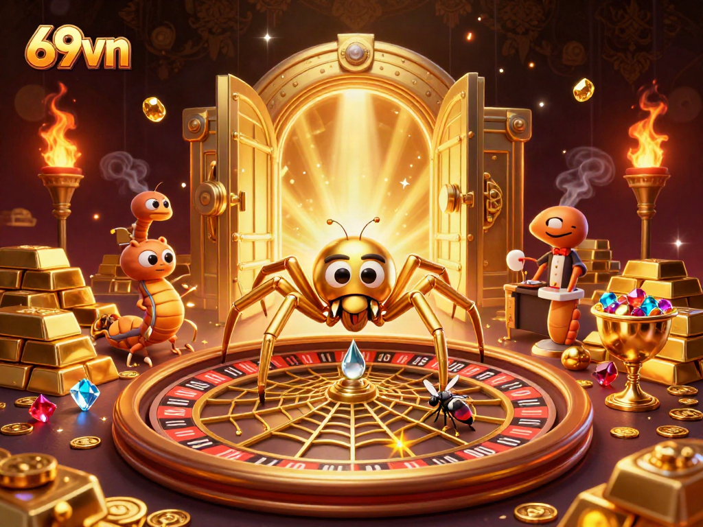 Engage in thrilling bets at 69vn with a golden roulette web and vibrant casino treasures.