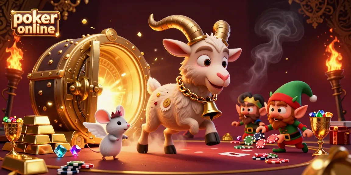 Experience the thrill of poker online with a festive illustration featuring a Krampus goat at a holiday-themed casino.
