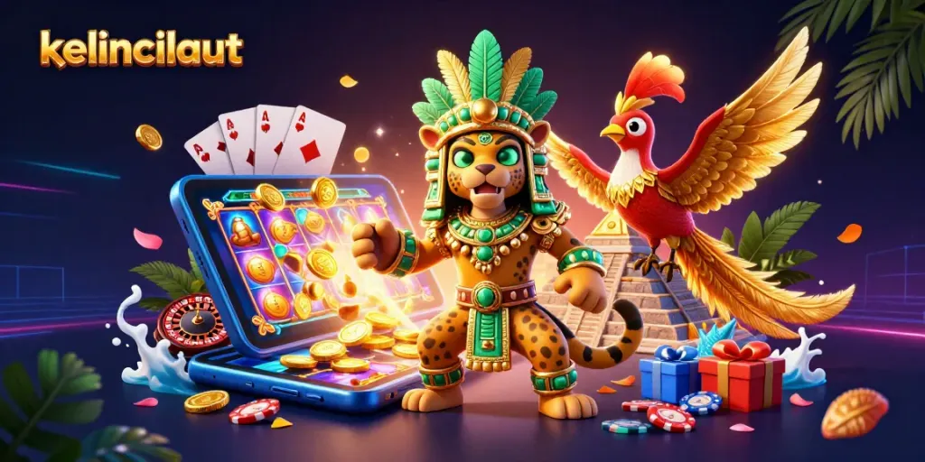 Engage with kelincilaut's thrilling slot games as golden coins and colorful reels burst from a smartphone.