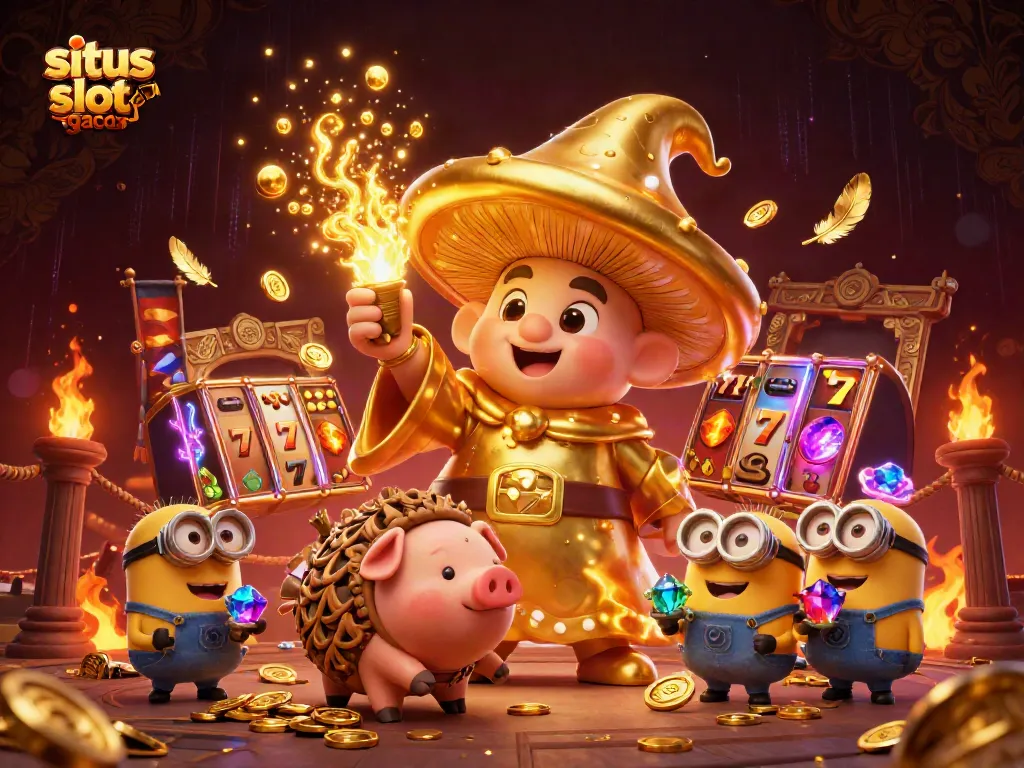 Experience thrilling moments at situs slot gacor with a magical 3D illustration of a golden mushroom wizard surrounded by treasure.