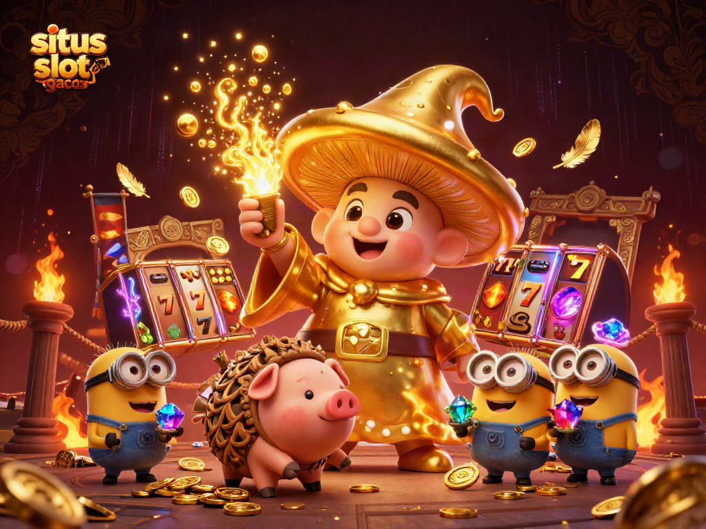Experience thrilling moments at situs slot gacor with a magical 3D illustration of a golden mushroom wizard surrounded by treasure.