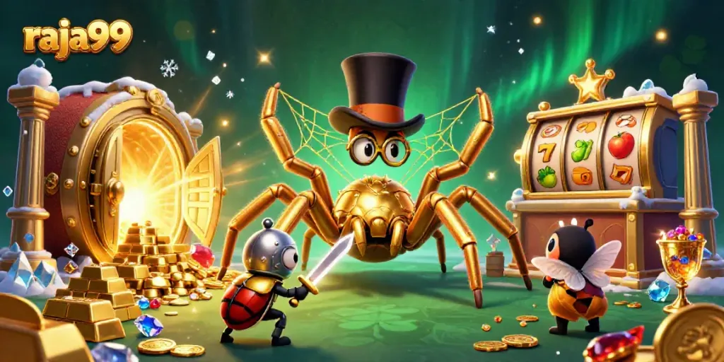 Engage in thrilling adventures with raja99's vibrant 3D casino illustration featuring dynamic characters and elements.