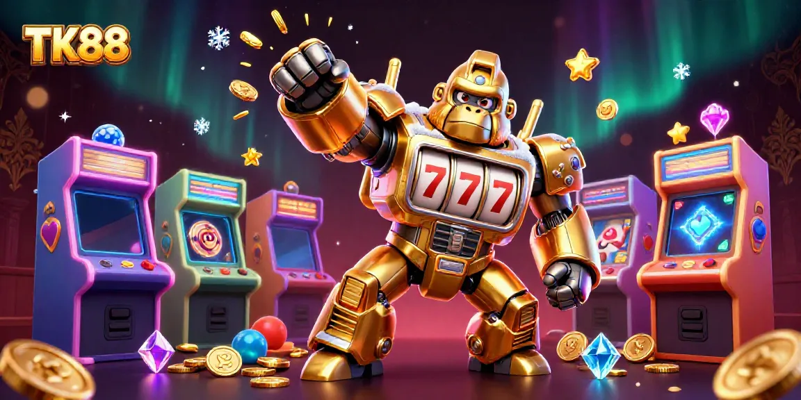 Engage with TK88 gaming excitement through a mechanized golden gorilla in a vibrant casino scene.