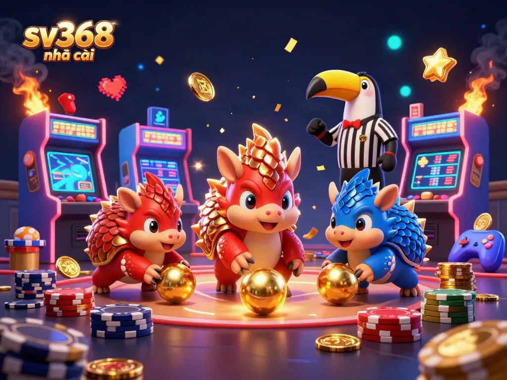 Engage in exciting gameplay at sv368 nhà cái as rival pangolins roll through poker chips in a vibrant casino scene.