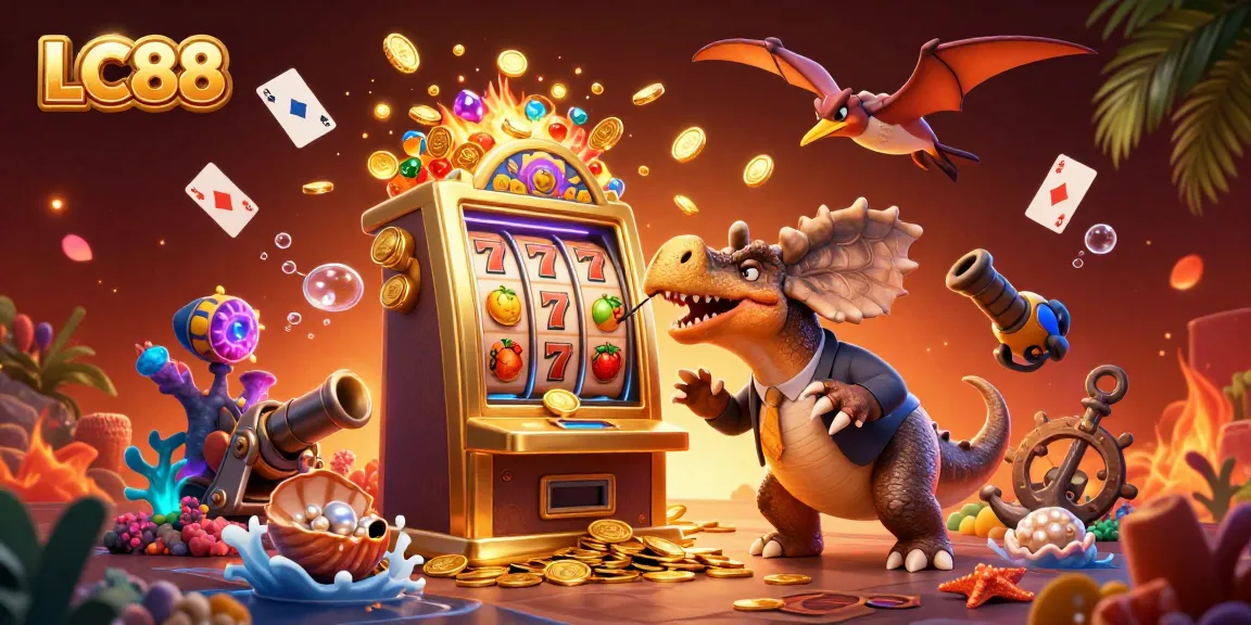 Experience thrilling wins with LC88 as a dinosaur battles a golden slot machine