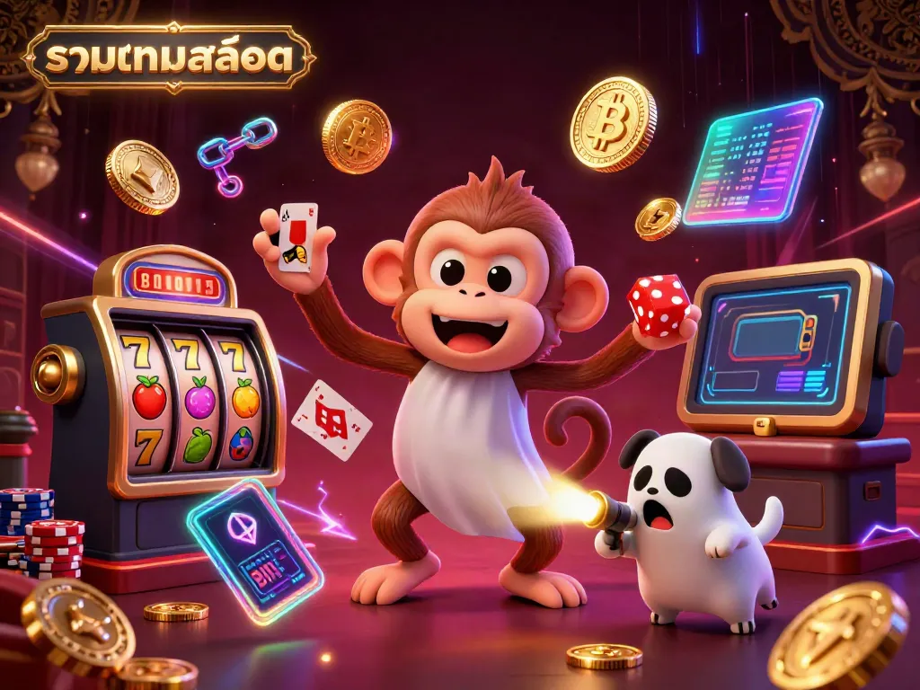 Play slots with excitement in this vibrant scene featuring รวมเกมสล็อต, complete with coins and a ghostly monkey.