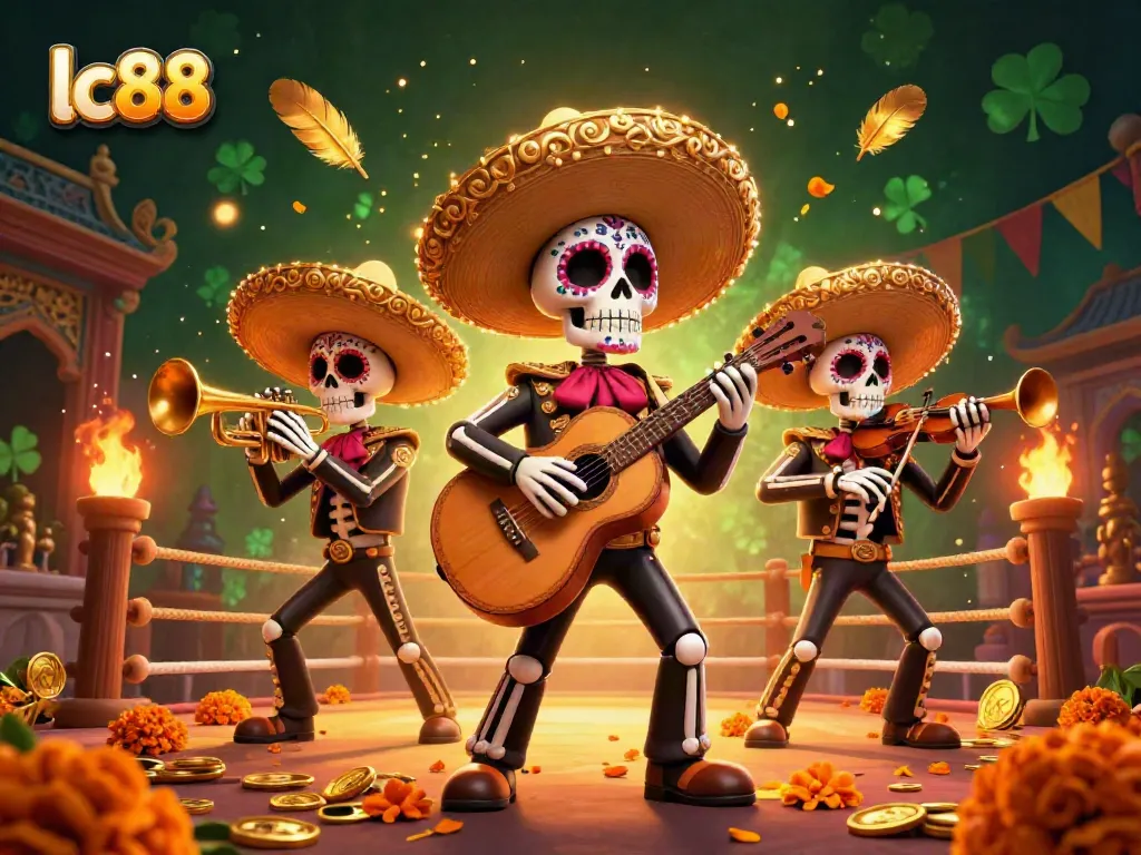 Experience excitement with lc88—skeleton mariachi band performing in a lively casino atmosphere.