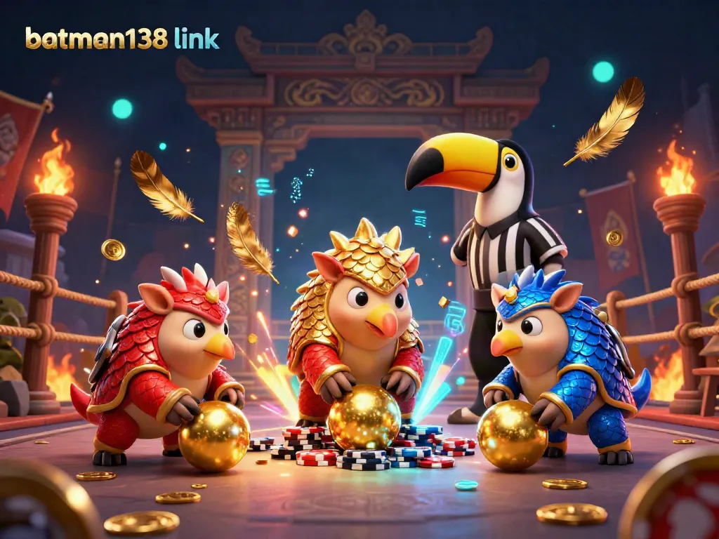 Engage with batman138 link as vivid pangolins roll golden balls through poker chips in a vibrant casino scene.