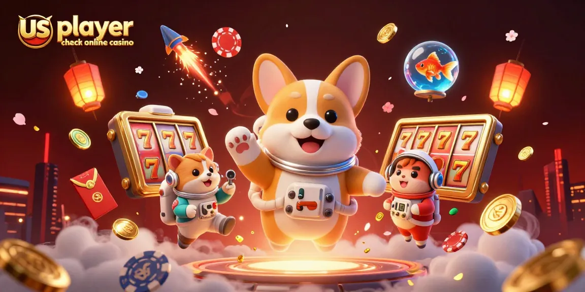 Experience the thrill of us player check online casino as a corgi astronaut celebrates with floating chips and golden coins.