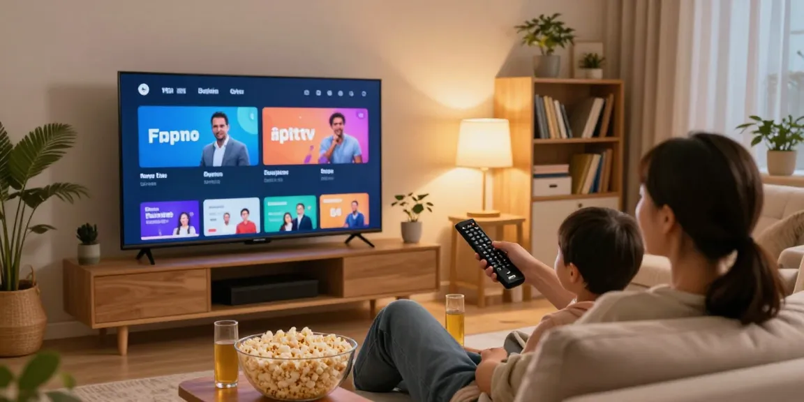 Geniet van de beste IPTV ervaring met een gezin dat samen een film kijkt in een moderne woonkamer.