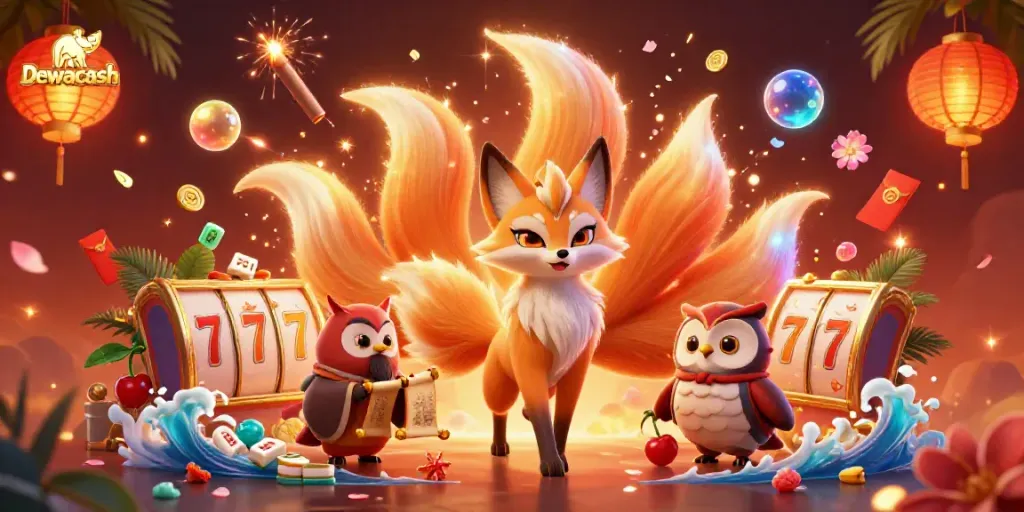 Engage in excitement with Dewacash as a nine-tailed fox and owl sage illuminate the casino atmosphere.
