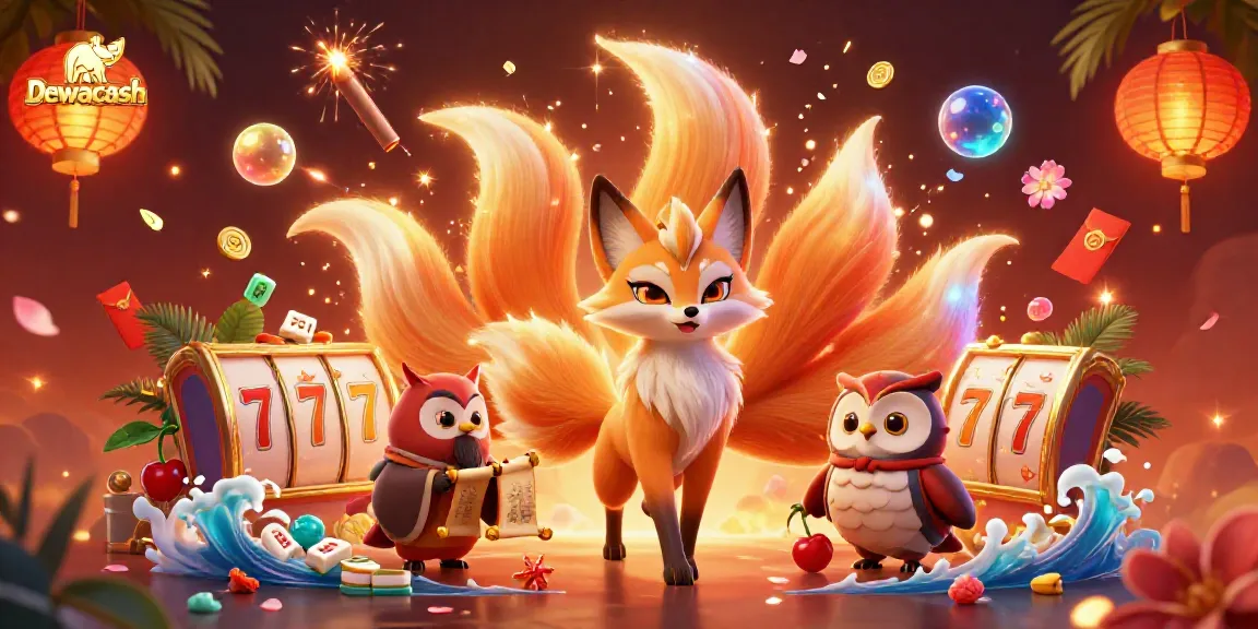 Engage in excitement with Dewacash as a nine-tailed fox and owl sage illuminate the casino atmosphere.